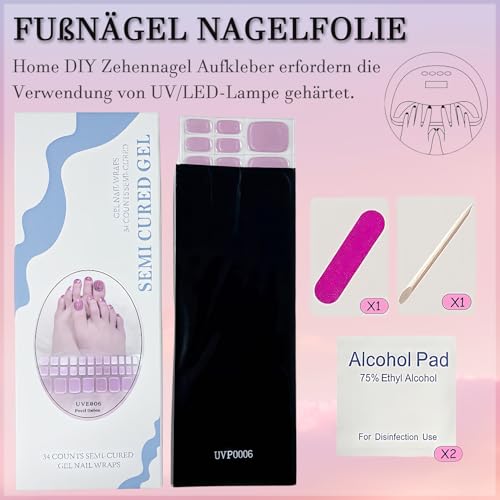 Virellay 34 Stück UV Gel Nagelfolie für Füße, Pink Pearl Shimmer Nail Strips, Full Cover Gel Nagelfolien für UV Lampe, Fußnägel Nagelfolie Selbstklebend für Frauen Mädchen Fußnagel Nagelkunst