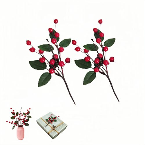 SAYUANVA Artificial Red Berry Picks with Green Leaves 2-Pack Red Berry Picks for Christmas Tree Wreaths & DIY Crafts - Lifelike Stems w/Holly & Pine Cones