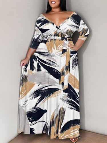 Image of SUZONANA Plus Size Maxi Dresses for Curcy Women Casual Loose 3 /4 Sleeve Long Dress with Belt