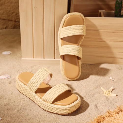 Image of Erocalli Platform Sandals Women Cute Wedge Espadrilles Slip on Summer Beach Raffia Vacation Sandal Comfortable Open Toe Dressy Shoes