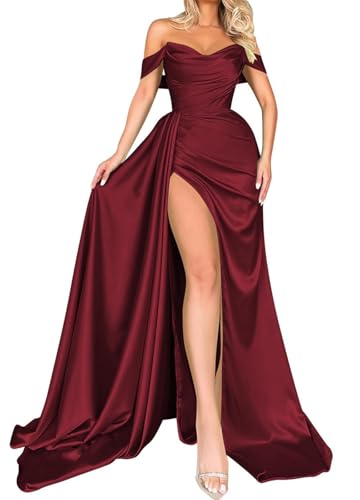 Off Shoulder Satin Prom Dresses with Slit for Women 2024 Sexy Long Ball Gown Formal Dress