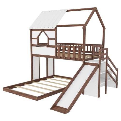 Image of Bellemave Bunk beds Twin Over Full with Slide,Storage Staircase,House roof Design,Low bunk /loft Bed for Kids，Walnut