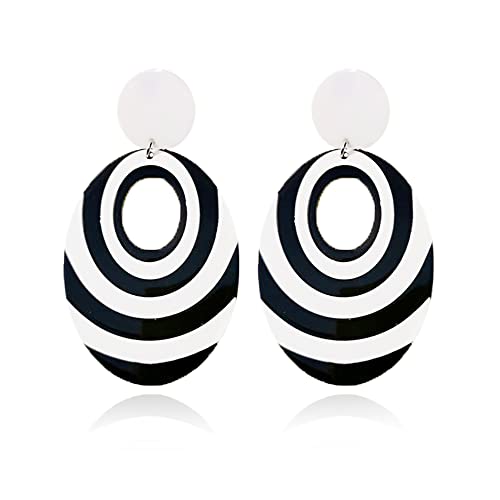 Acrylic Black White Earrings For Women Statement Geometric Drop Dangle Earrings,Round Resin Striped Earrings Party Jewelry (Style C)