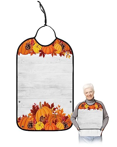 LEOKOTI Happy Thanksgiving Adult Bibs for Eating, Waterproof Bibs with Food Catcher & Adjustable Snap Closure, Autumn Pumpkin Leaves Wood Washable Clothing Protectors Adult Bibs for Elderly Women/Men