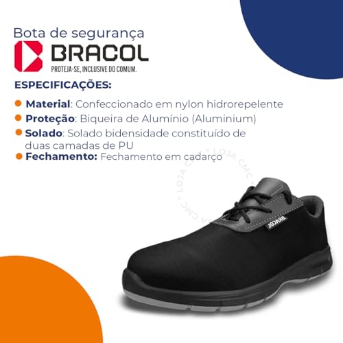 Tenis Sapato De Segurança Epi De Amarrar Bracol Bga Sem Bico (Moderno, PRETO, BR, Adulto, Numérico,
