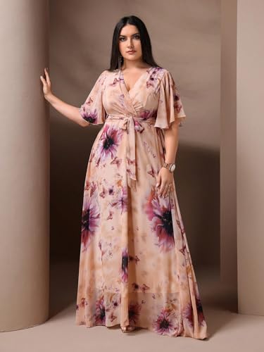 Image of Spring Summer 2024 Plus Size Womens Dresses V Neck Casual Elegant Long Sleeve Floral Print Maxi Dress