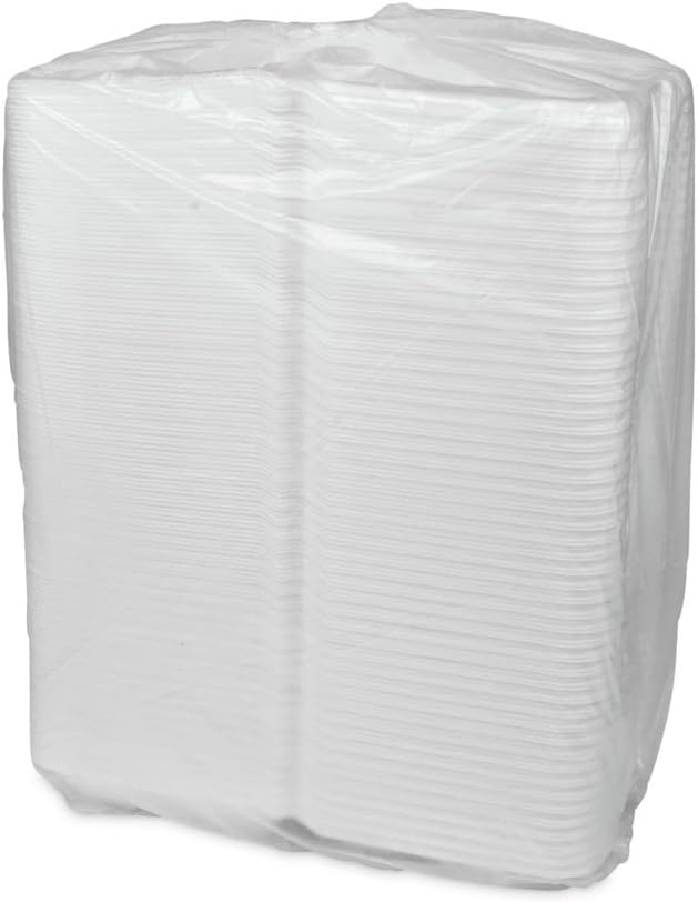 Pactiv Evergreen Vented Foam Hinged Lid Container, Dual Tab Lock Economy, 9.13 x 9 x 3.25, White, 150/Carton