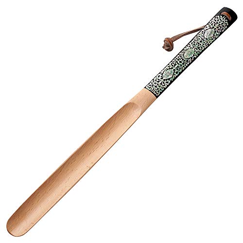 Antique Alive Élégant chausse pied en bois 50cm au manche incrusté de nacre motif arabesque avec cordelette de cuir pour rangement Cover