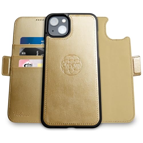 Image of dreem Fibonacci Wallet Case for iPhone 14 & iPhone 16e Case Wallet | 3-in-1 Magnetic Detachable Vegan Leather Cover with Built-in Kick-Stand, RFID Blocking Card Holder, MagSafe Compatible [Gold]