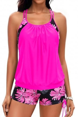 Image of Holipick Tankini Swimsuits Two Piece Tummy Control Bathing Suits Blouson Swim Tank Top with Boy Shorts
