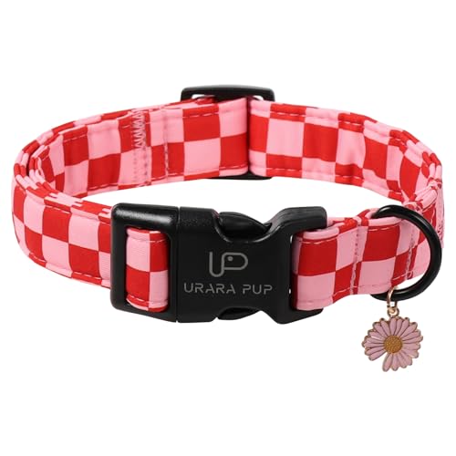 UP URARA PUP Red and Pink Plaid Dog Collarwith Bow Tie Adjustable Red & Pink Checkered Dog Collar for Small Medium Large Dogs Soft Xmas Plaid Puppy Collars with Quick Release Buckle S