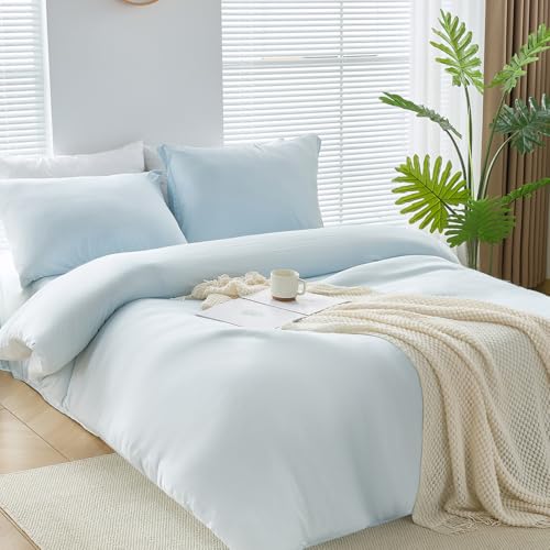 WhatsBedding 3 Pieces Duvet Cover Set Queen Size - Prewashed Bedding Set, Extra Comfy & Breathable Cooling Comfoter Cover, 1 Duvet Cover and 2 Pillowcases, 90”x90” (Light Blue, Queen)