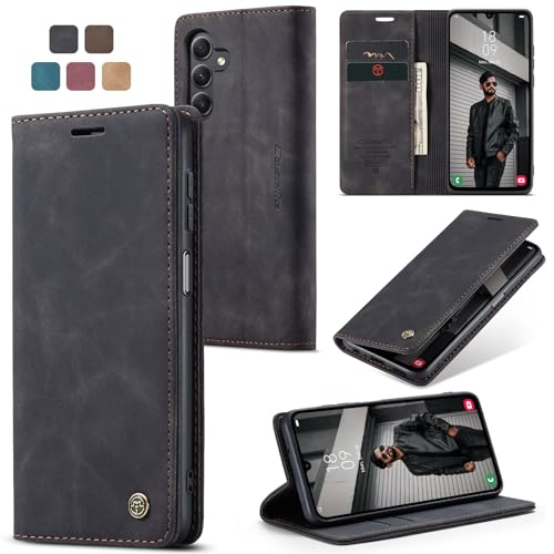 owlhold Handyhülle für Samsung Galaxy A15 4G/5G Hülle Premium Lederhülle Weiches Vintage-Nubukleder Faltbare Ständer Klapphülle Kartenfach Standfunktion stoßfest Schutzhülle -Schwarz