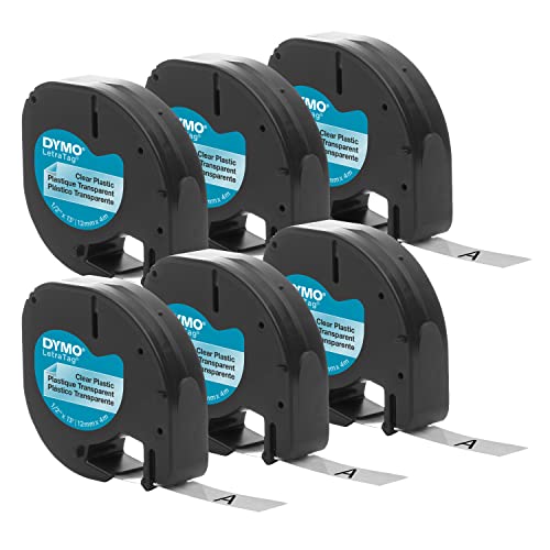 DYMO Authentic LT Plastic Labeling Tape for LetraTag Label Makers 1/2 (12mm) Black Print on Clear Tape 6-Pack
