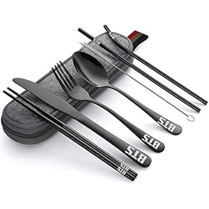 BTS, draagbare gebruiksvoorwerpen, set van 8 stuks, van roestvrij staal, voor reizen, camping en camping