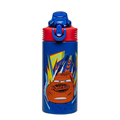 Image of Zak Designs Disney Pixar Cars Sage Kids Water Bottle For School or Travel, 14oz Stainless Steel Water Bottle With Straw, Handle, and Leak-Proof, Pop-Up Spout Cover (Lightning McQueen)