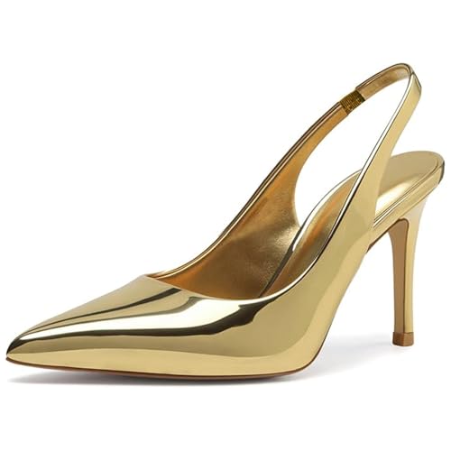 Image of heelchic Slingback Heels for Women, Pointed Toe Stiletto Pumps | Closed Toe Patent Finish 2.95 Inch High Heels, Slip On Dress Pumps for Work, Wedding, Evening and Party
