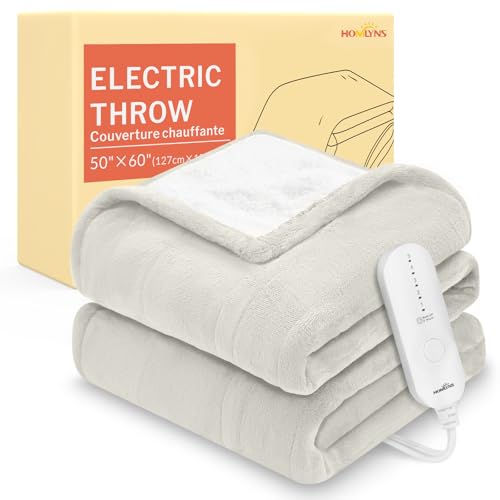 Image of HOMLYNS LuxeHeat Heated Blanket Electric Blanket, Soft Flannel Sherpa Heated Throw, Heating Blanket with 5 Heat Settings, 3 hrs Timer Auto Shut Off (50x60 inches, Cream), Only for 120V Voltage Use