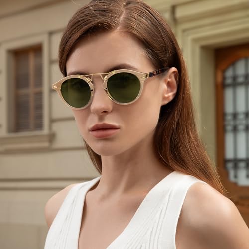 Image of CARFIA Double Bridge Small Acetate Sunglasses for Women Polarized, Retro Metal Brow Ladies Sunnies Fashion Round Eyewears