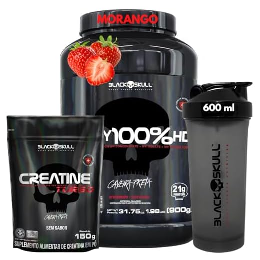 Whey Protein 100% HD Pure 900g Isolado - Hidrolisado - Concentrado Pote + Creatina Monohidratada 150g + Coqueteleira - Kit Black Skull Para Ganho de Massa e Força (Whey 100% Morango