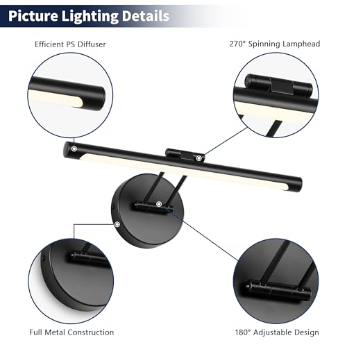 Image of JUSHENG Dimmable Picture Lights Hardwired LED Painting Light Black Gallery Wall Light Art Lighting for Portrait Artwork Canvas 15.74 inch 7W 110V AC