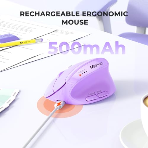 Image of MEETION Ergonomic Mouse, Wireless Mouse, Bluetooth Vertical Rechargeable Mice, 4 Adjustable DPI 800-2400, Bluetooth 5.2+5.2+USB Mouse for Windows /Mac, for Laptop /PC /Desktop /Computer /iPad - Purple