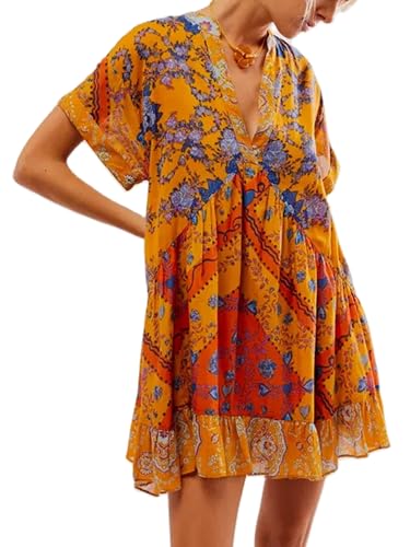Image of Acrawnni Women Summer Bohemian Floral Mini Dress Boho Floral Print Short Sleeve V-Neck Flowy Dress Babydoll Short Beach Dress with Pockets (A-Fluorescein, S)