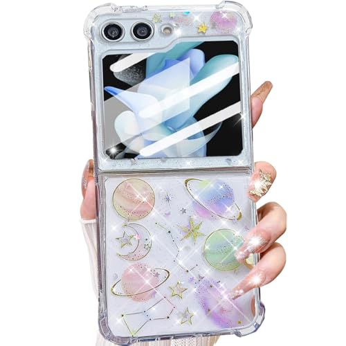 Changjia for Samsung Galaxy Z Flip 7 FE/Z Flip 6 Clear Glitter Case,Cute Space Stars Moon Universe Design Bling Sparkle Soft Silicone Shockproof Women Girls Case for Galaxy Z Flip 7 FE/Z Flip 6,Planet