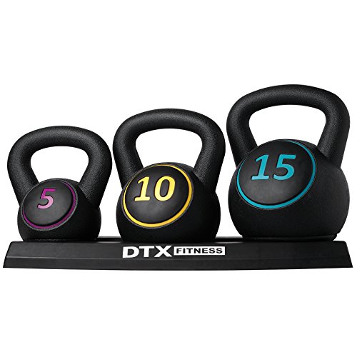 DTX Fitness Kettlebell Weights Set - 5lb (2.3 kg), 10lb (4.5 kg) & 15lb (6.8 kg) Kettlebells & Tray