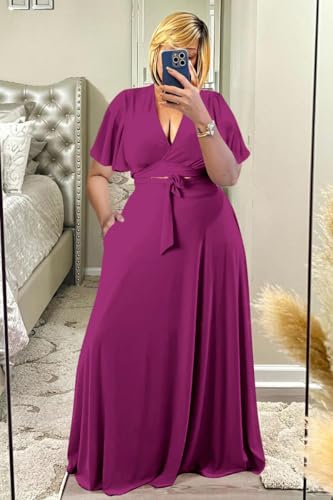 Image of Plus Size Women's 2 Piece Outfits Casual Short Ruffle Sleeve Wrap Crop Top Maxi Long Dress Flowy Matching Sets