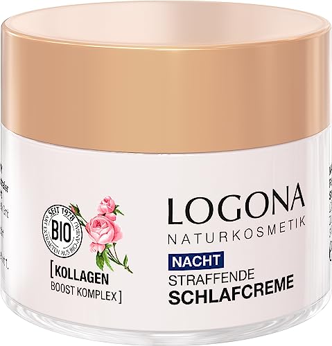 LOGONA Naturkosmetik Crema reafirmante para dormir, crema de noche suavizante con valioso colágeno y extracto de rosa orgánico, hidratación intensa durante la noche, natural y vegana, Moisture Lift