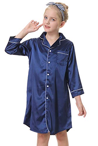 CattyGirl Children's Nightgown Polyester Silk Satin Sleepwear Girls Long Sleeve Nightdress Pajamas Navy