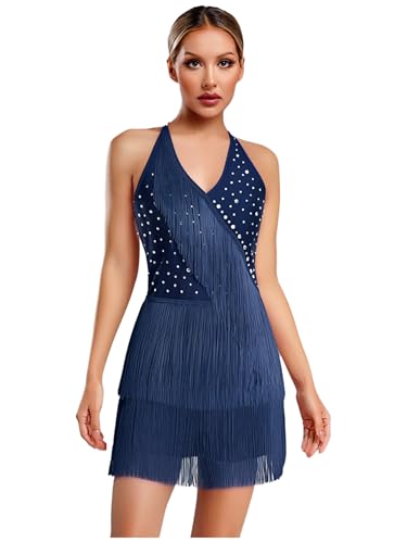 Yhong Vestido de baile latino para mujer, con cuello halter brillante, con flecos, espalda descubierta, maillot de gimnasia, jazz, cha, samba, salsa, azul marino, S