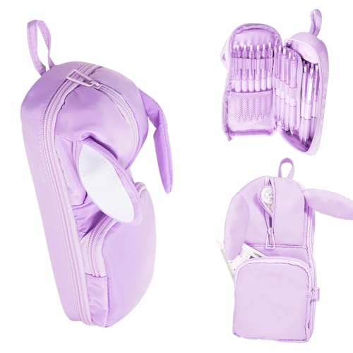 Image of DEOXY Polyester Large Capacity Pencil Pouch for Girls & Boys with 3 Zippers & 5 Compartments | Waterproof Aesthetic Cute Bunny Ears Standing Pencil Case for Kids, Multiutility Pouch (Purple /Lilac)