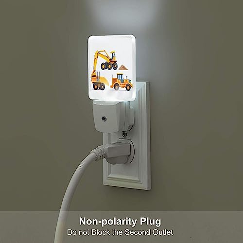 Image of Machinery Excavator Truck and Loader LED Plug-in Night Lamp 2 Piece Set, Auto Sensor Cartoon Boy's Toy Nightlights Set of 2 for Bedroom Bathroom