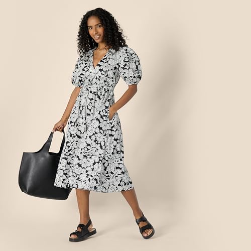 Image of Amazon Essentials Women's Regular-Fit Cotton Sateen Puff Sleeve Midi Dress, V-Neck