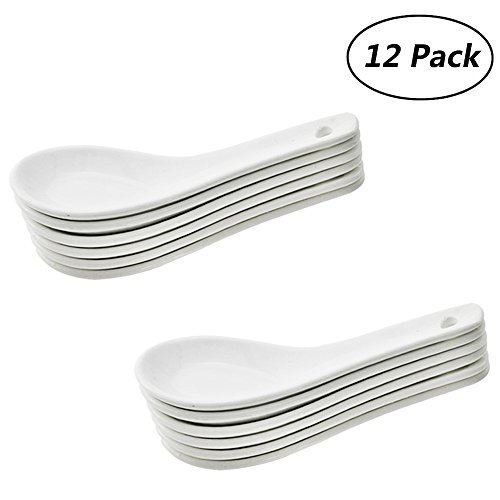 Etmact 12pcs White Ceramic Spoons Chinese Porcelain Soup Spoons Won Ton Soup Spoon