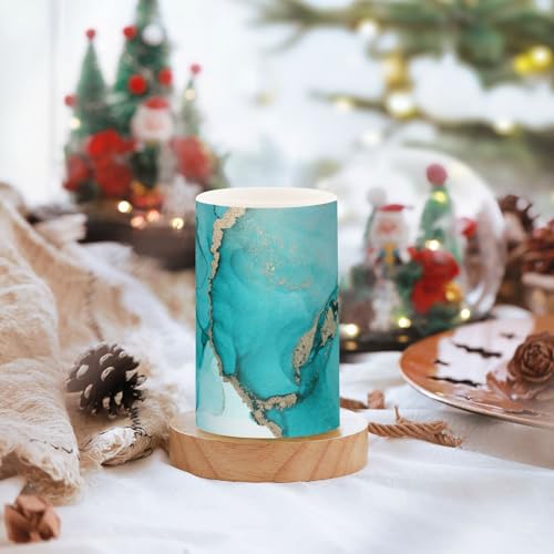 Image of Eionryn Teal Turquoise Marble Texture Flameless Candles Black and Gold Battery Operated LED Candles with Remote Timer Electric Candles for Home Party Decor 2pcs
