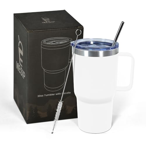 Icesip 20 oz Tumbler with Handle, insulated cup coffee mug with lid, straw and handle, Double Wall Stainless Steel Vacuum Coffee Tumbler travel mug spill proof, 1pcs White