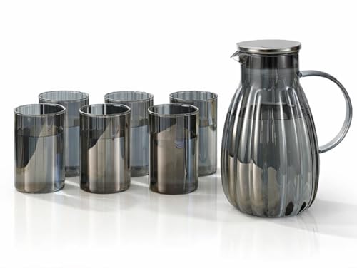 Image of Wringo Premium 7pc Crystal Water Jug with Glass Set and Jug Set Combo,Freezer Safe and Dishwasher Safe (6 Pieces Glasses 200ML and 1 Water Juice Jug 1.8 Liter), Transparent, Glass and Jug Set (WS-23)