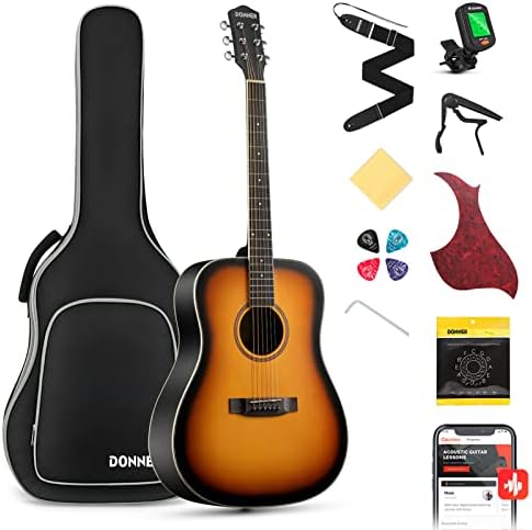 Donner Acoustic Guitar for Beginner Adult Full Size Dreadnought Acustica Guitarra Bundle Kit with Free Online Lesson Bag Strap Tuner Capo Pickguard Pick, Right Hand 41 Inch Sunburst, DAG-1S/DAD-160S