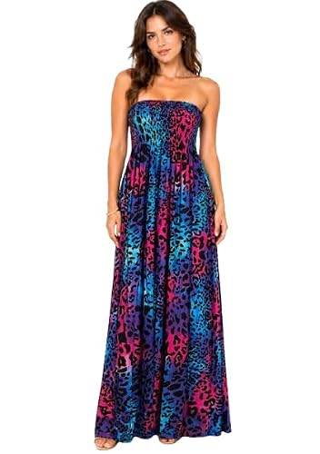 Image of Pretty Attitude Womens Printed Strapless Shirred Bandeau Shearing Boobtube Long Maxi Dress UK Size 8 to 22 (UK, Numeric, 16, 18, Regular, Regular, Multi Leopard)