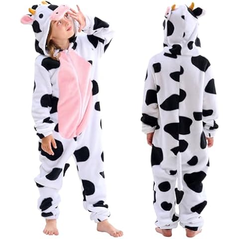 Kids Cow Animal Onesie Costume Cow Pajamas Outfit Homewear for Girls Boys Halloween Cosplay Winter Kids' One Piece Costume, 9-10 Years Cover