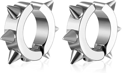 Stainless Steel Spike Huggie Hoop Earrings for Men & Women, Punk Stud Hoop Earrings, Hinged Clip-on On Closure, Silver, Pair
