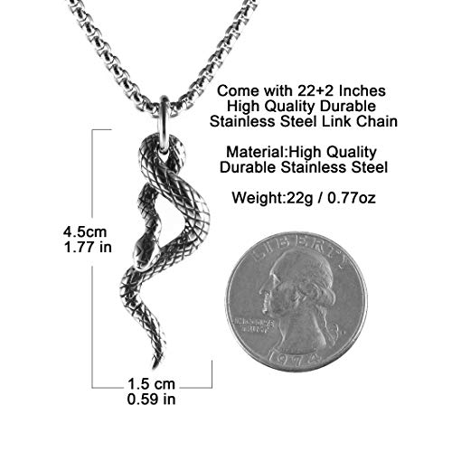 Hzman Gothic Jewelry Men's Stainless Steel Animal Snake Pendant Chain Necklace (Ring Snake Silver) #TOP3