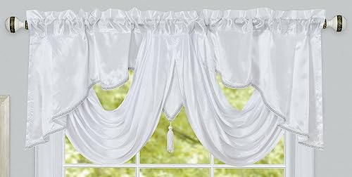 GOHD Valarie Fancy Window Valance. 54 x 18. Taffeta Fabric with Soft Satin Swag. Add Some Royal luxruy Accent to Your Home. (White)