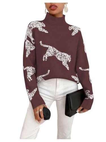 Image of WDIRARA Women's Leopard Tiger Print Sweater High Neck Long Sleeve Fuzzy Knitted Pullover Top