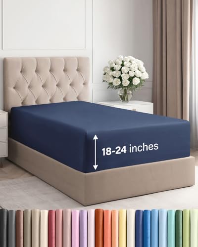 Image of Extra Deep Twin Fitted Sheet - Single Fitted Sheet Only - Navy Blue | Easily Fits 18 inch to 24 inch Mattress, Soft, Wrinkle Free, Breathable & Comfy, Extra Deep Pockets Hotel Luxury Fitted Sheet