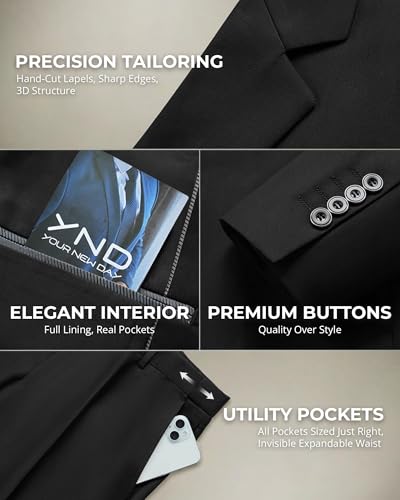 Image of YND Men's 2 Piece Suit with Tie, One Button Slim Fit Solid Jacket and Pants Set, Suits for Men Prom Party Wedding & Business