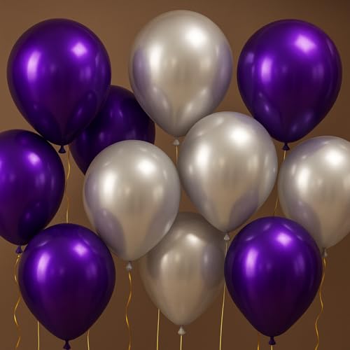 Image of Rozi Decoration Metallic Rubber Balloons For Birthday Anniversary Baby Shower Party Silver and Purple Pack Of 200 Piece